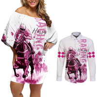 Kentucky Horses Racing Couples Matching Off Shoulder Short Dress and Long Sleeve Button Shirt Jockey Drawing Style Pink Out Color - Wonder Print Shop