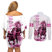 Kentucky Horses Racing Couples Matching Off Shoulder Short Dress and Long Sleeve Button Shirt Jockey Drawing Style Pink Out Color - Wonder Print Shop