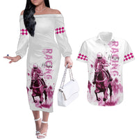 Kentucky Horses Racing Couples Matching Off The Shoulder Long Sleeve Dress and Hawaiian Shirt Jockey Drawing Style Pink Out Color - Wonder Print Shop