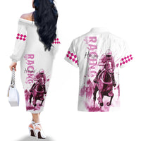 Kentucky Horses Racing Couples Matching Off The Shoulder Long Sleeve Dress and Hawaiian Shirt Jockey Drawing Style Pink Out Color - Wonder Print Shop