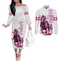 Kentucky Horses Racing Couples Matching Off The Shoulder Long Sleeve Dress and Long Sleeve Button Shirt Jockey Drawing Style Pink Out Color