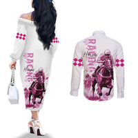 Kentucky Horses Racing Couples Matching Off The Shoulder Long Sleeve Dress and Long Sleeve Button Shirt Jockey Drawing Style Pink Out Color