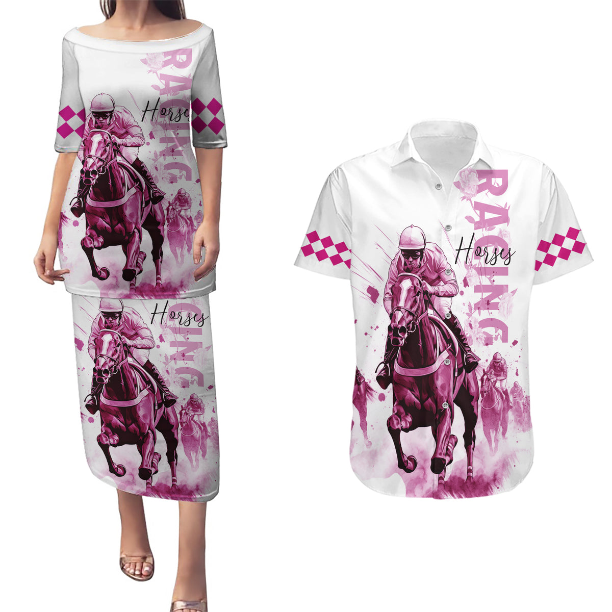 Kentucky Horses Racing Couples Matching Puletasi and Hawaiian Shirt Jockey Drawing Style Pink Out Color - Wonder Print Shop