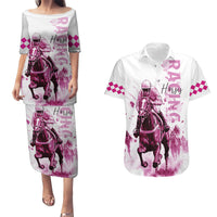 Kentucky Horses Racing Couples Matching Puletasi and Hawaiian Shirt Jockey Drawing Style Pink Out Color - Wonder Print Shop