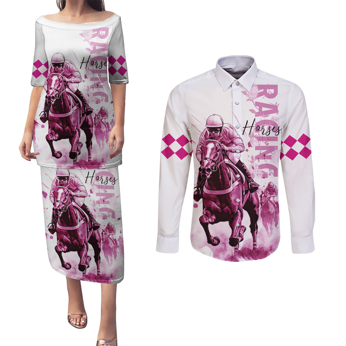 Kentucky Horses Racing Couples Matching Puletasi and Long Sleeve Button Shirt Jockey Drawing Style Pink Out Color - Wonder Print Shop