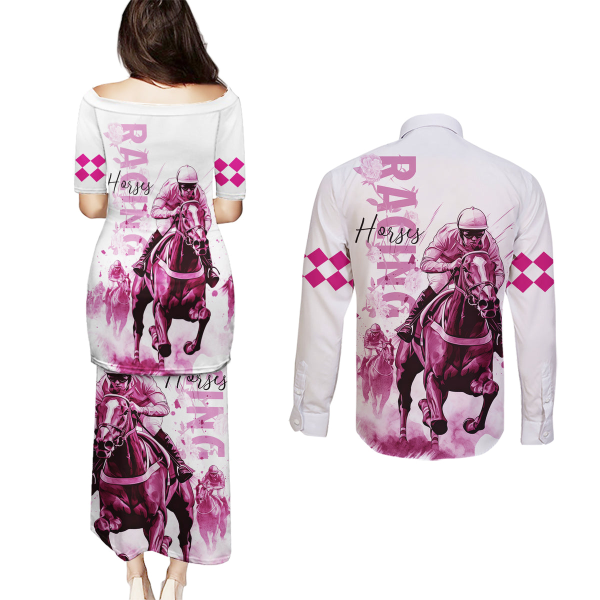 Kentucky Horses Racing Couples Matching Puletasi and Long Sleeve Button Shirt Jockey Drawing Style Pink Out Color - Wonder Print Shop