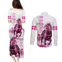 Kentucky Horses Racing Couples Matching Puletasi and Long Sleeve Button Shirt Jockey Drawing Style Pink Out Color - Wonder Print Shop