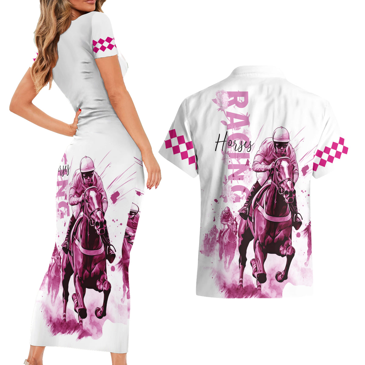 Kentucky Horses Racing Couples Matching Short Sleeve Bodycon Dress and Hawaiian Shirt Jockey Drawing Style Pink Out Color - Wonder Print Shop