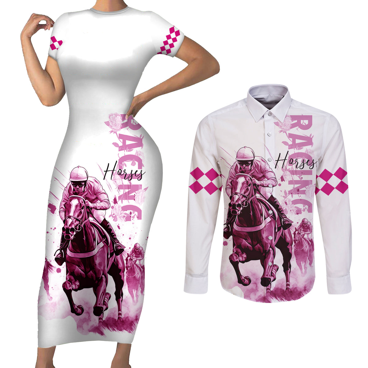 Kentucky Horses Racing Couples Matching Short Sleeve Bodycon Dress and Long Sleeve Button Shirt Jockey Drawing Style Pink Out Color - Wonder Print Shop