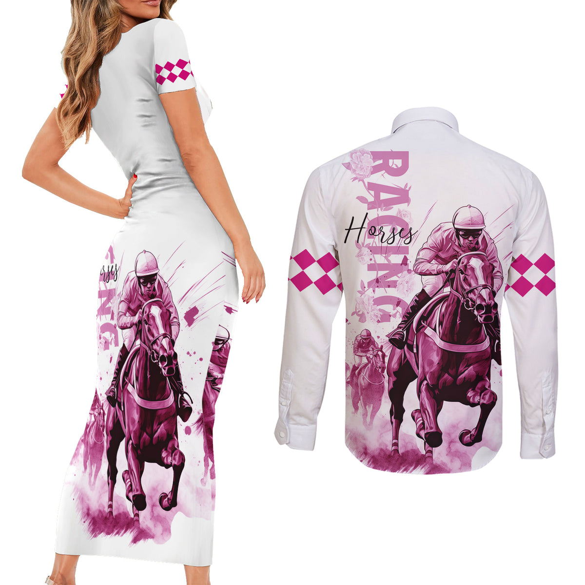 Kentucky Horses Racing Couples Matching Short Sleeve Bodycon Dress and Long Sleeve Button Shirt Jockey Drawing Style Pink Out Color - Wonder Print Shop
