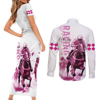 Kentucky Horses Racing Couples Matching Short Sleeve Bodycon Dress and Long Sleeve Button Shirt Jockey Drawing Style Pink Out Color - Wonder Print Shop