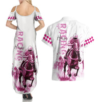 Kentucky Horses Racing Couples Matching Summer Maxi Dress and Hawaiian Shirt Jockey Drawing Style Pink Out Color - Wonder Print Shop