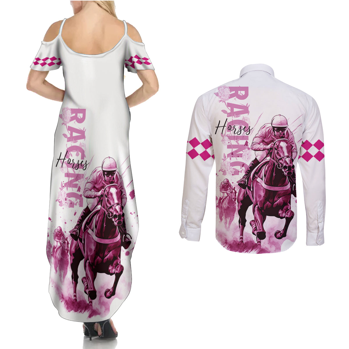 Kentucky Horses Racing Couples Matching Summer Maxi Dress and Long Sleeve Button Shirt Jockey Drawing Style Pink Out Color - Wonder Print Shop