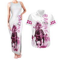 Kentucky Horses Racing Couples Matching Tank Maxi Dress and Hawaiian Shirt Jockey Drawing Style Pink Out Color - Wonder Print Shop