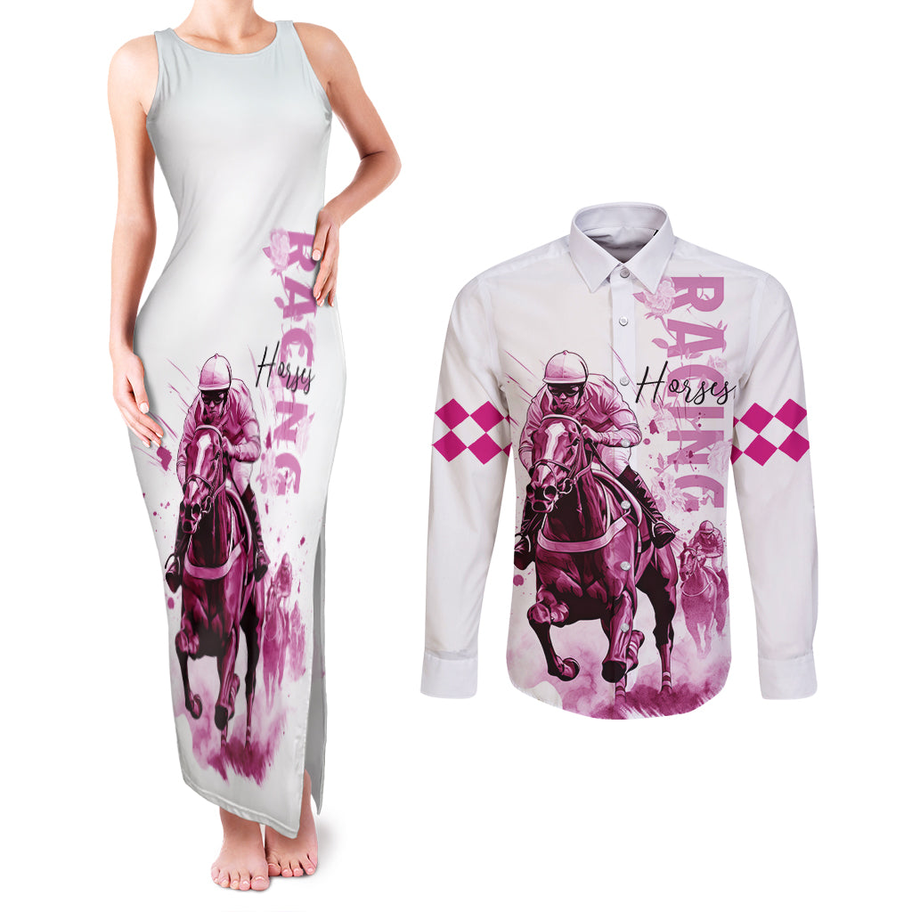 Kentucky Horses Racing Couples Matching Tank Maxi Dress and Long Sleeve Button Shirt Jockey Drawing Style Pink Out Color - Wonder Print Shop