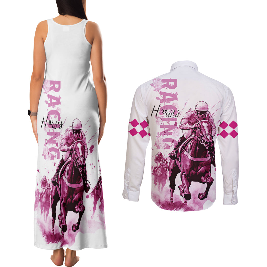 Kentucky Horses Racing Couples Matching Tank Maxi Dress and Long Sleeve Button Shirt Jockey Drawing Style Pink Out Color - Wonder Print Shop