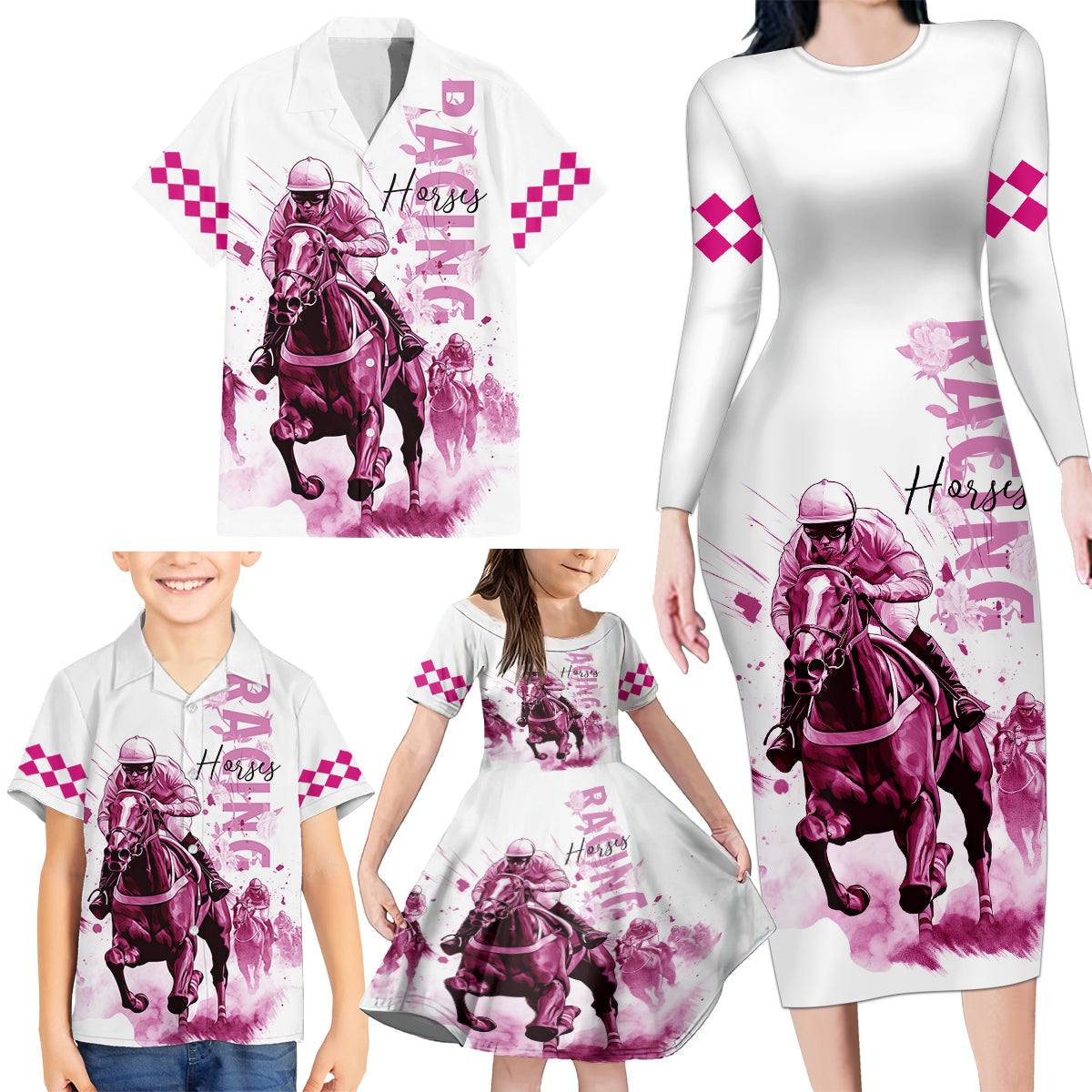 Kentucky Horses Racing Family Matching Long Sleeve Bodycon Dress and Hawaiian Shirt Jockey Drawing Style Pink Out Color - Wonder Print Shop