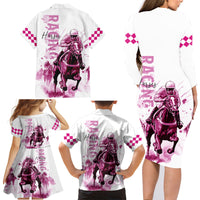 Kentucky Horses Racing Family Matching Long Sleeve Bodycon Dress and Hawaiian Shirt Jockey Drawing Style Pink Out Color - Wonder Print Shop