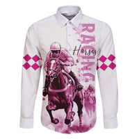 Kentucky Horses Racing Family Matching Long Sleeve Bodycon Dress and Hawaiian Shirt Jockey Drawing Style Pink Out Color - Wonder Print Shop