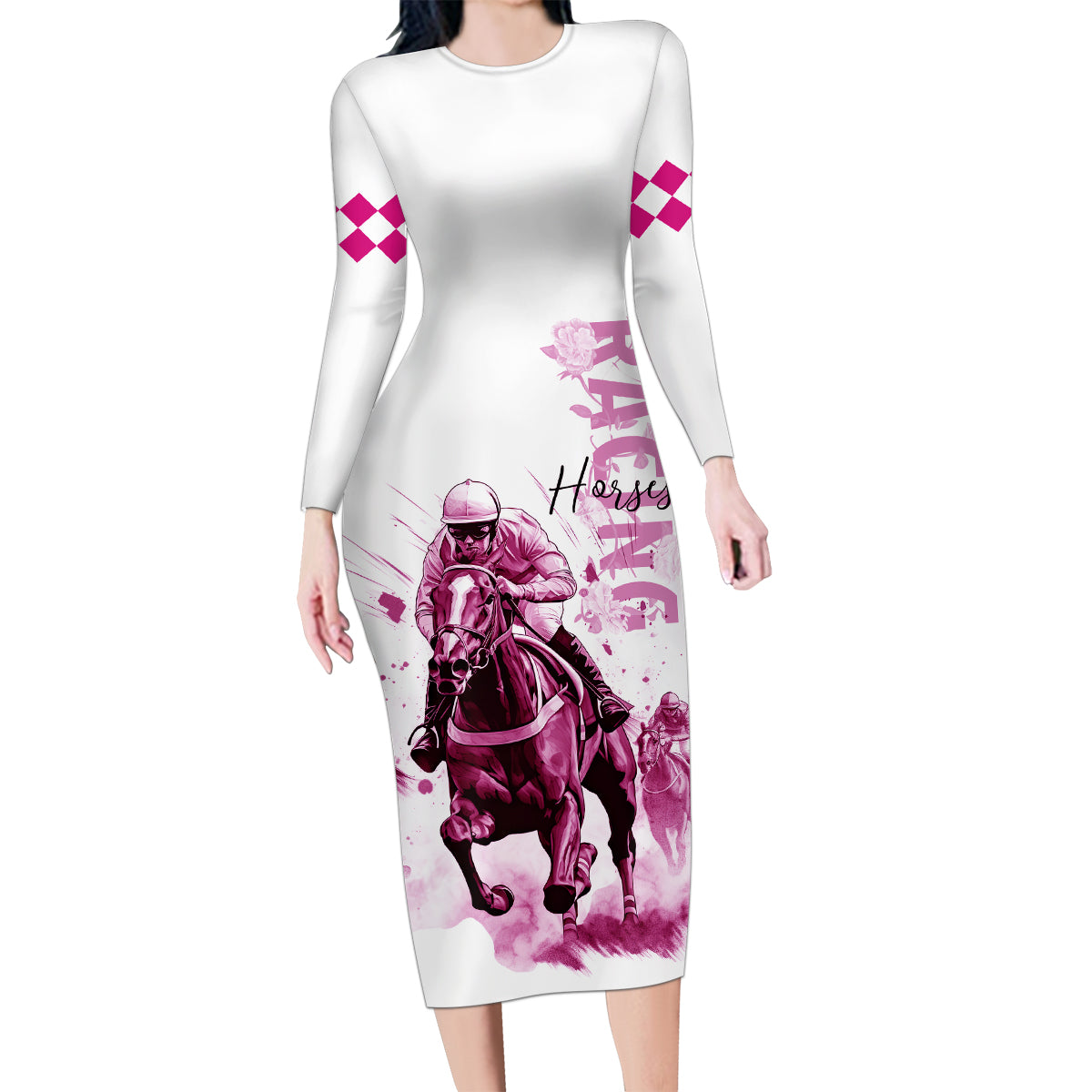 Kentucky Horses Racing Family Matching Long Sleeve Bodycon Dress and Hawaiian Shirt Jockey Drawing Style Pink Out Color - Wonder Print Shop
