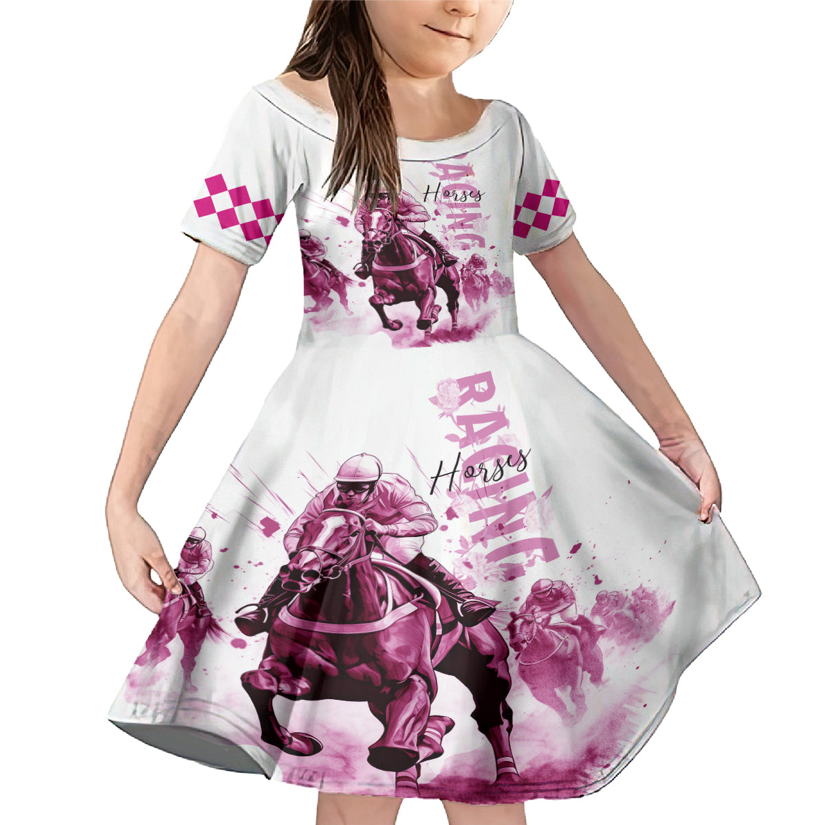 Kentucky Horses Racing Family Matching Mermaid Dress and Hawaiian Shirt Jockey Drawing Style Pink Out Color - Wonder Print Shop