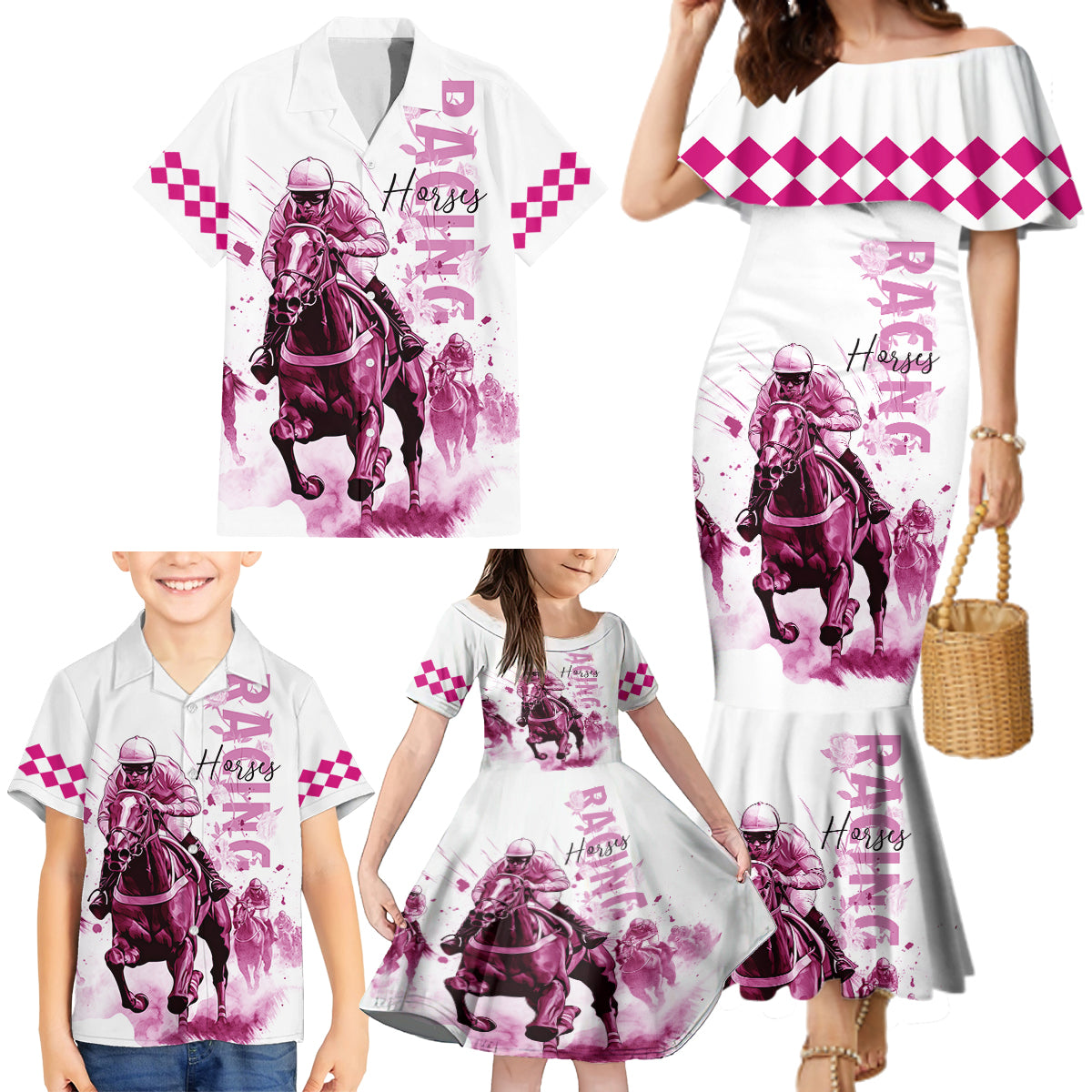Kentucky Horses Racing Family Matching Mermaid Dress and Hawaiian Shirt Jockey Drawing Style Pink Out Color - Wonder Print Shop