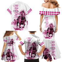Kentucky Horses Racing Family Matching Mermaid Dress and Hawaiian Shirt Jockey Drawing Style Pink Out Color - Wonder Print Shop