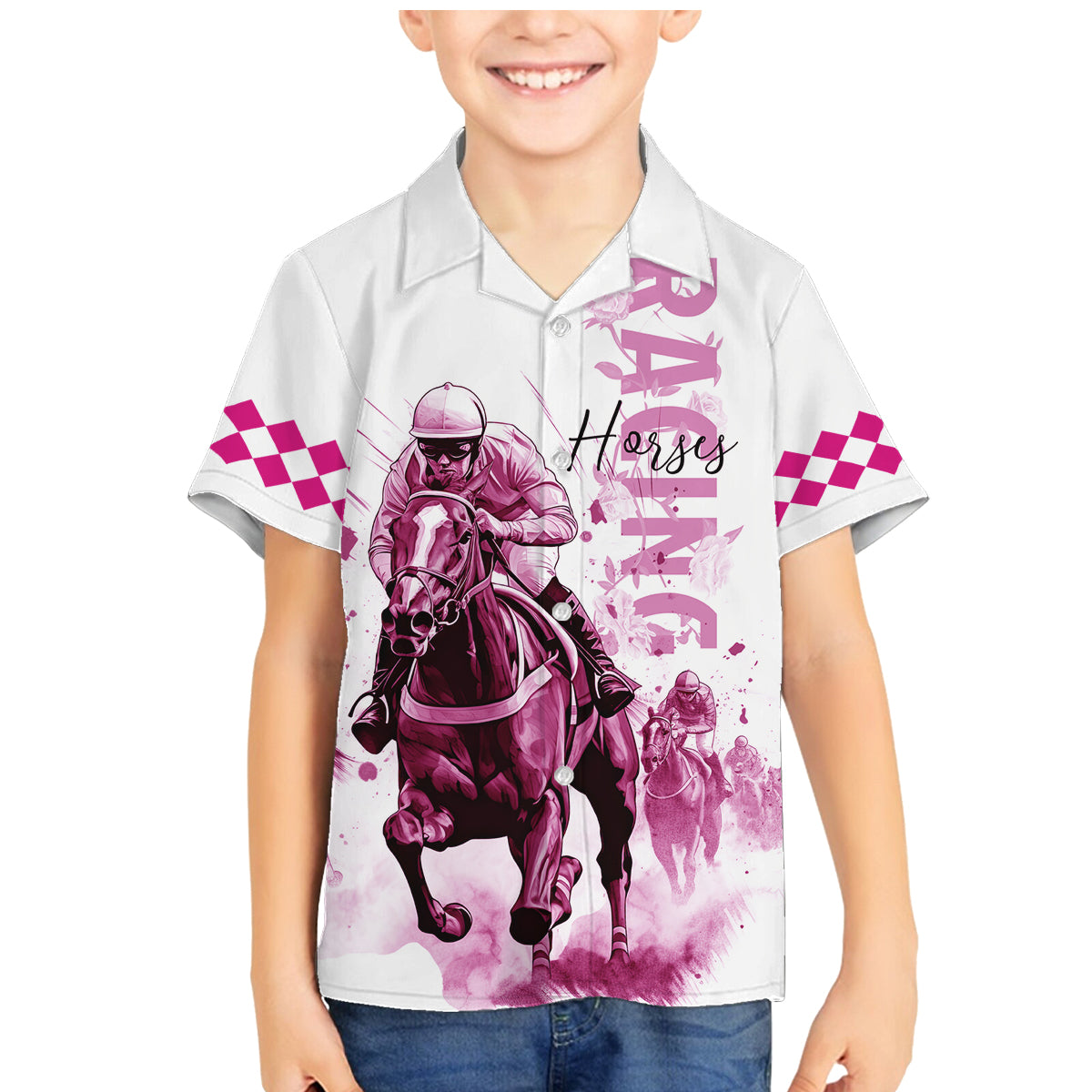 Kentucky Horses Racing Family Matching Mermaid Dress and Hawaiian Shirt Jockey Drawing Style Pink Out Color - Wonder Print Shop