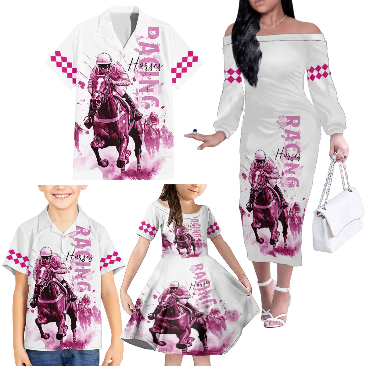 Kentucky Horses Racing Family Matching Off The Shoulder Long Sleeve Dress and Hawaiian Shirt Jockey Drawing Style Pink Out Color - Wonder Print Shop
