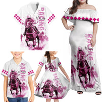 Kentucky Horses Racing Family Matching Off Shoulder Maxi Dress and Hawaiian Shirt Jockey Drawing Style Pink Out Color - Wonder Print Shop
