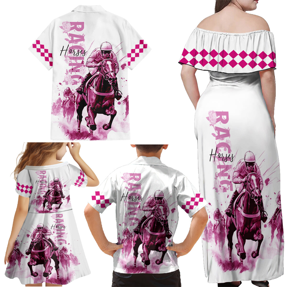 Kentucky Horses Racing Family Matching Off Shoulder Maxi Dress and Hawaiian Shirt Jockey Drawing Style Pink Out Color - Wonder Print Shop