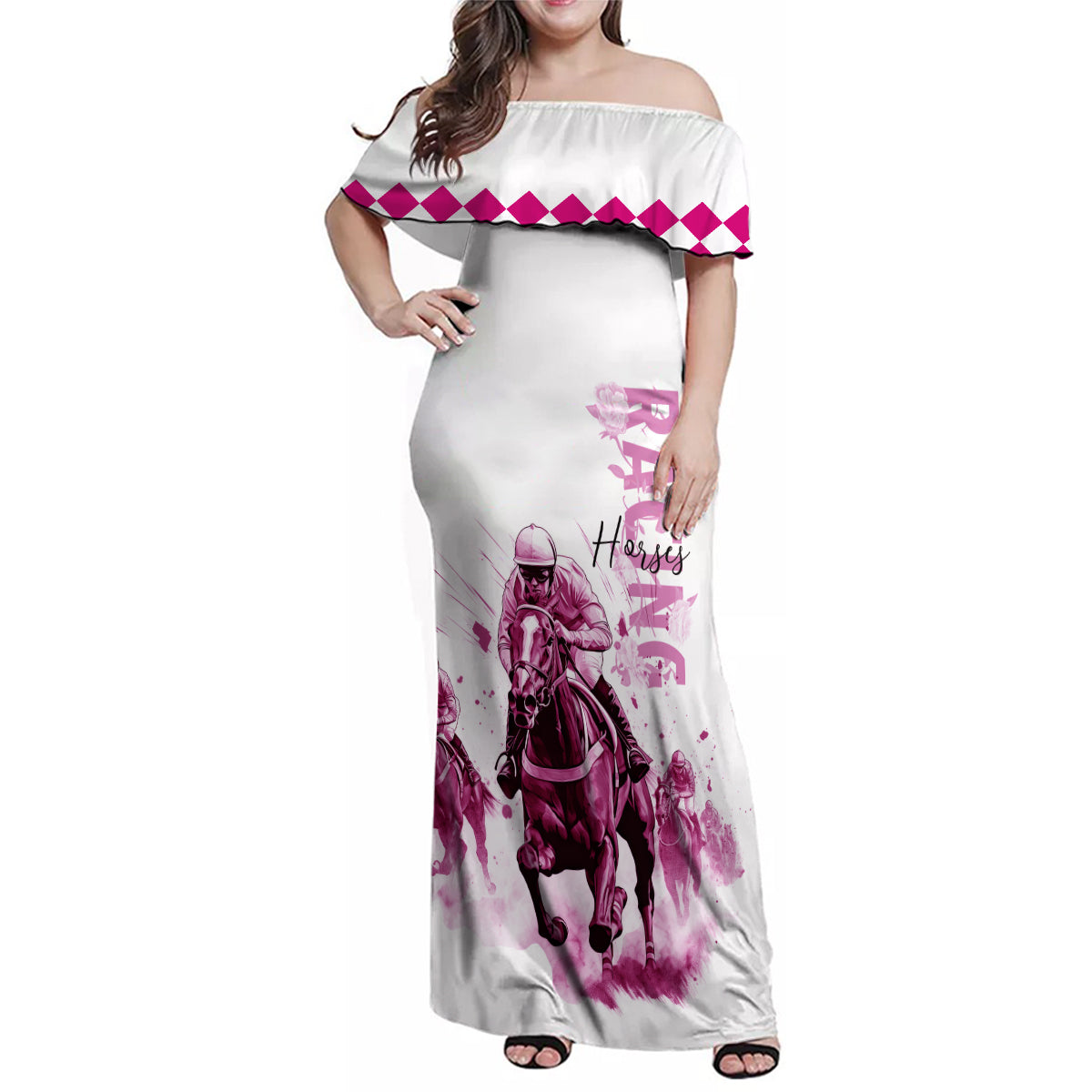 Kentucky Horses Racing Family Matching Off Shoulder Maxi Dress and Hawaiian Shirt Jockey Drawing Style Pink Out Color - Wonder Print Shop