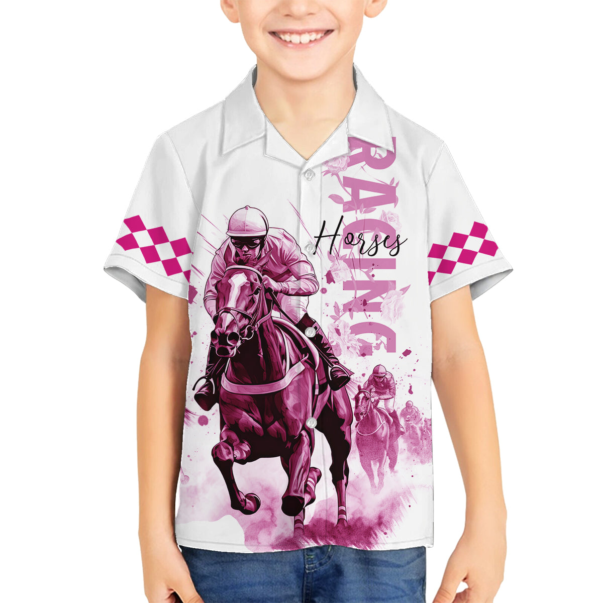 Kentucky Horses Racing Family Matching Off Shoulder Maxi Dress and Hawaiian Shirt Jockey Drawing Style Pink Out Color - Wonder Print Shop