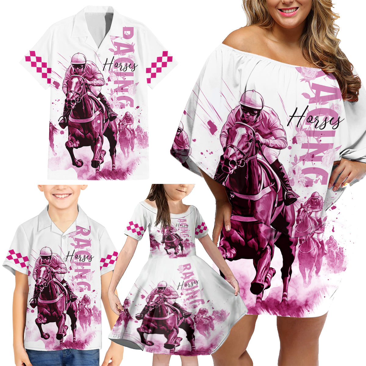 Kentucky Horses Racing Family Matching Off Shoulder Short Dress and Hawaiian Shirt Jockey Drawing Style Pink Out Color - Wonder Print Shop