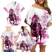 Kentucky Horses Racing Family Matching Off Shoulder Short Dress and Hawaiian Shirt Jockey Drawing Style Pink Out Color - Wonder Print Shop