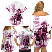 Kentucky Horses Racing Family Matching Off Shoulder Short Dress and Hawaiian Shirt Jockey Drawing Style Pink Out Color - Wonder Print Shop