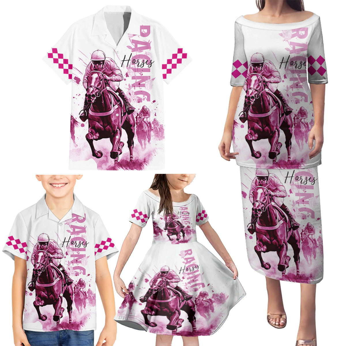 Kentucky Horses Racing Family Matching Puletasi and Hawaiian Shirt Jockey Drawing Style Pink Out Color - Wonder Print Shop