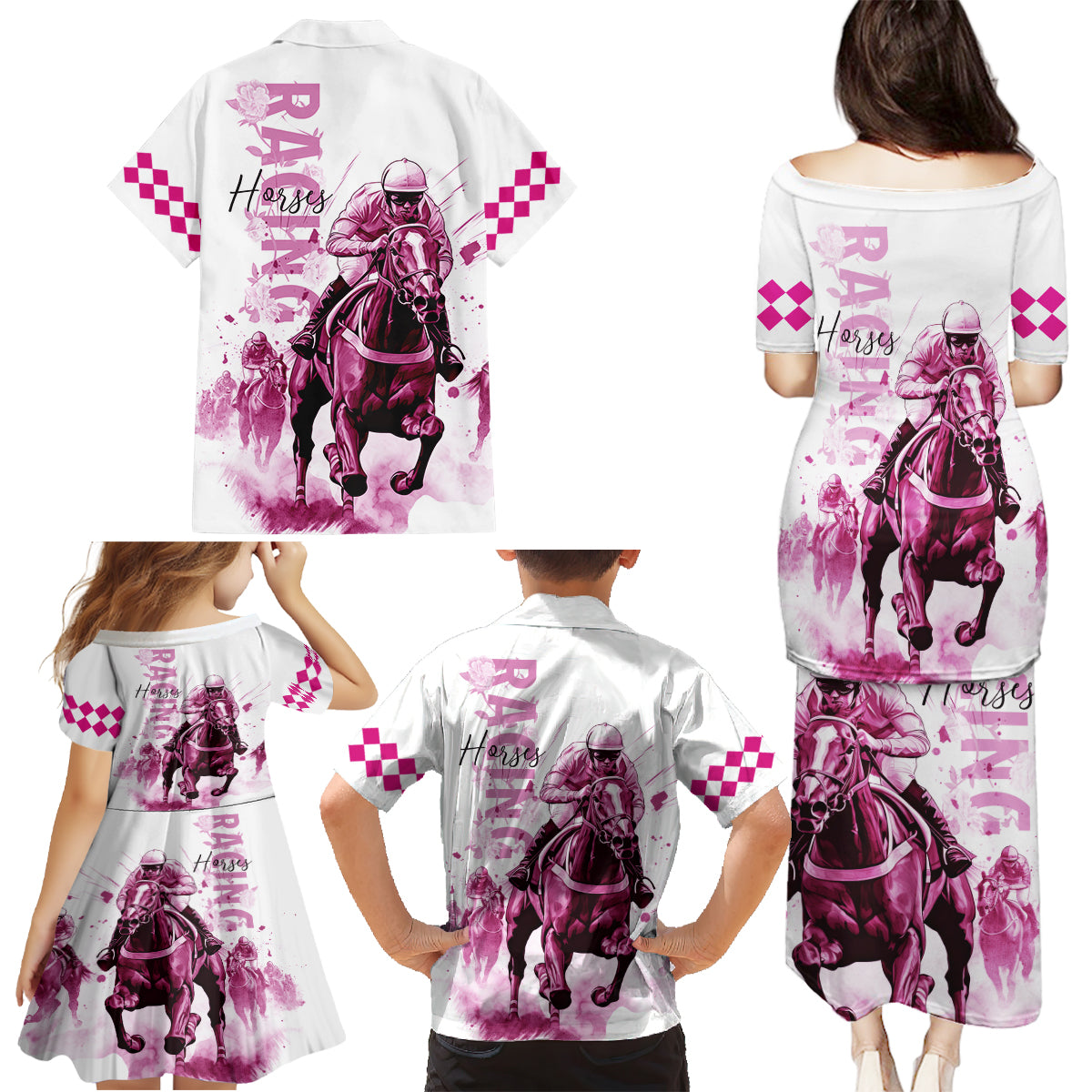 Kentucky Horses Racing Family Matching Puletasi and Hawaiian Shirt Jockey Drawing Style Pink Out Color - Wonder Print Shop