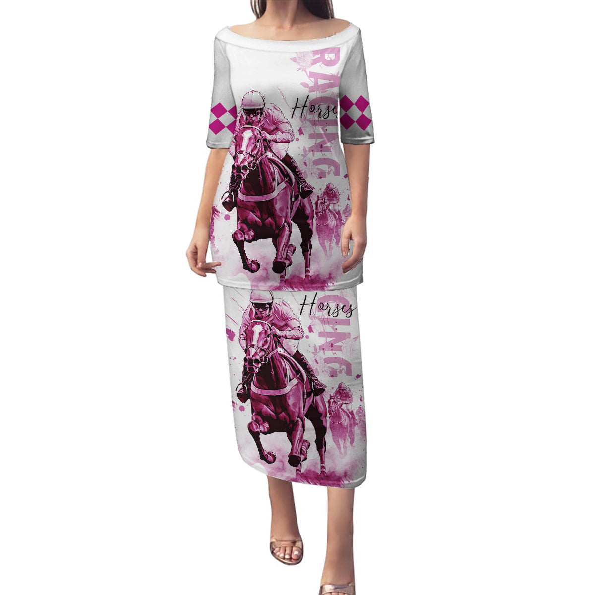Kentucky Horses Racing Family Matching Puletasi and Hawaiian Shirt Jockey Drawing Style Pink Out Color - Wonder Print Shop