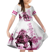 Kentucky Horses Racing Family Matching Short Sleeve Bodycon Dress and Hawaiian Shirt Jockey Drawing Style Pink Out Color - Wonder Print Shop