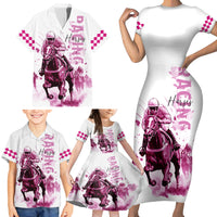 Kentucky Horses Racing Family Matching Short Sleeve Bodycon Dress and Hawaiian Shirt Jockey Drawing Style Pink Out Color - Wonder Print Shop
