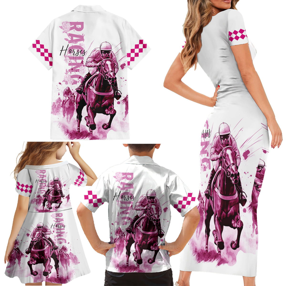 Kentucky Horses Racing Family Matching Short Sleeve Bodycon Dress and Hawaiian Shirt Jockey Drawing Style Pink Out Color - Wonder Print Shop