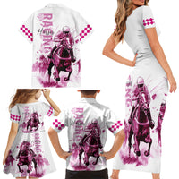 Kentucky Horses Racing Family Matching Short Sleeve Bodycon Dress and Hawaiian Shirt Jockey Drawing Style Pink Out Color - Wonder Print Shop