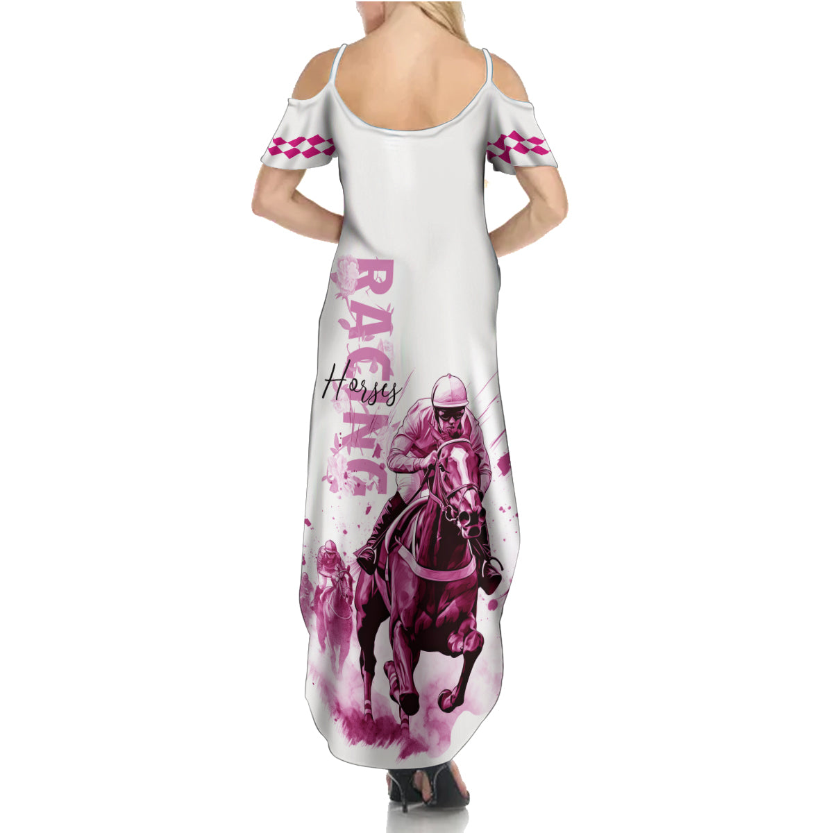 Kentucky Horses Racing Family Matching Summer Maxi Dress and Hawaiian Shirt Jockey Drawing Style Pink Out Color - Wonder Print Shop