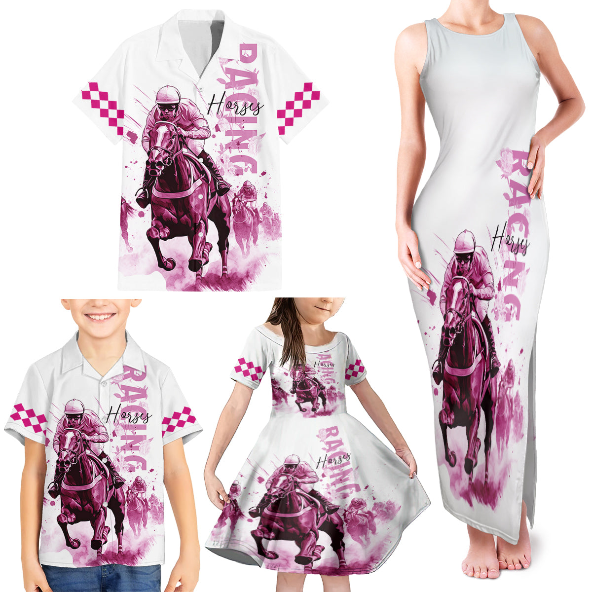 Kentucky Horses Racing Family Matching Tank Maxi Dress and Hawaiian Shirt Jockey Drawing Style Pink Out Color - Wonder Print Shop