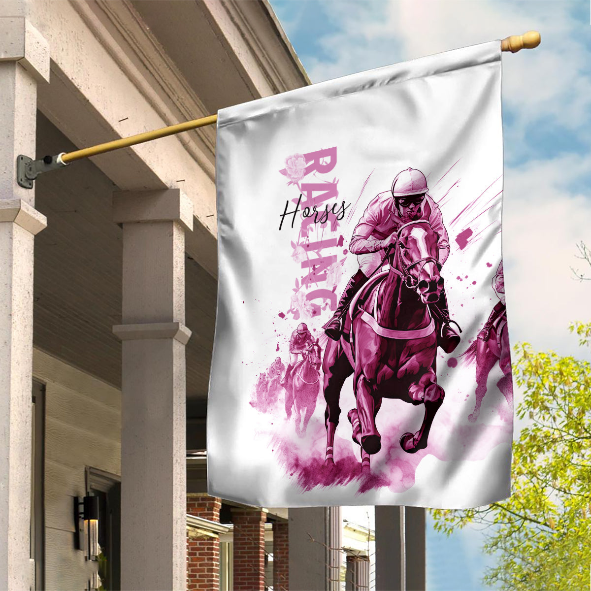 Kentucky Horses Racing Garden Flag Jockey Drawing Style Pink Out Color - Wonder Print Shop