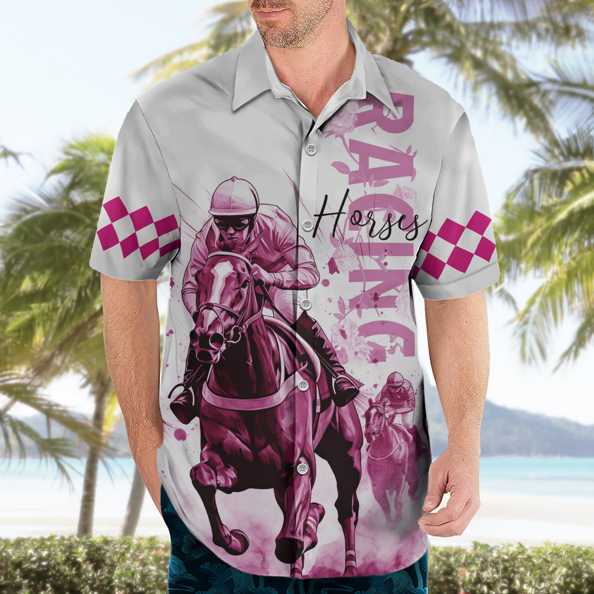 Kentucky Horses Racing Hawaiian Shirt Jockey Drawing Style Pink Out Color - Wonder Print Shop