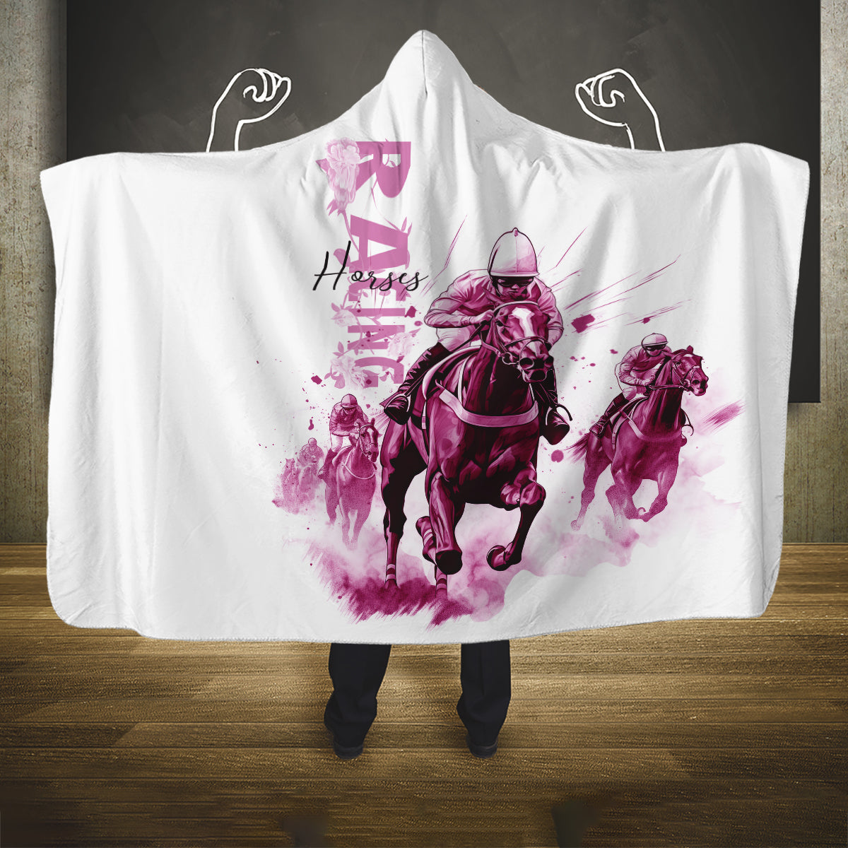 Kentucky Horses Racing Hooded Blanket Jockey Drawing Style Pink Out Color