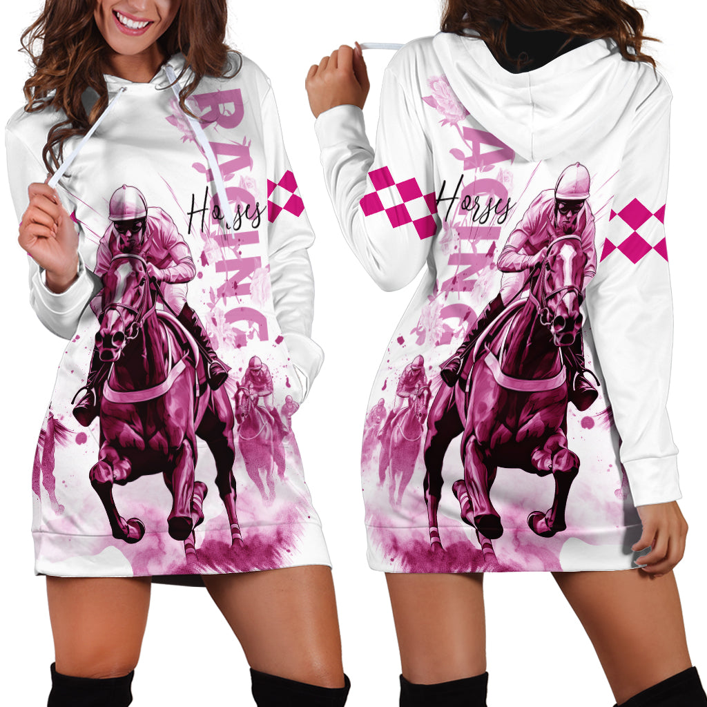 Kentucky Horses Racing Hoodie Dress Jockey Drawing Style Pink Out Color - Wonder Print Shop