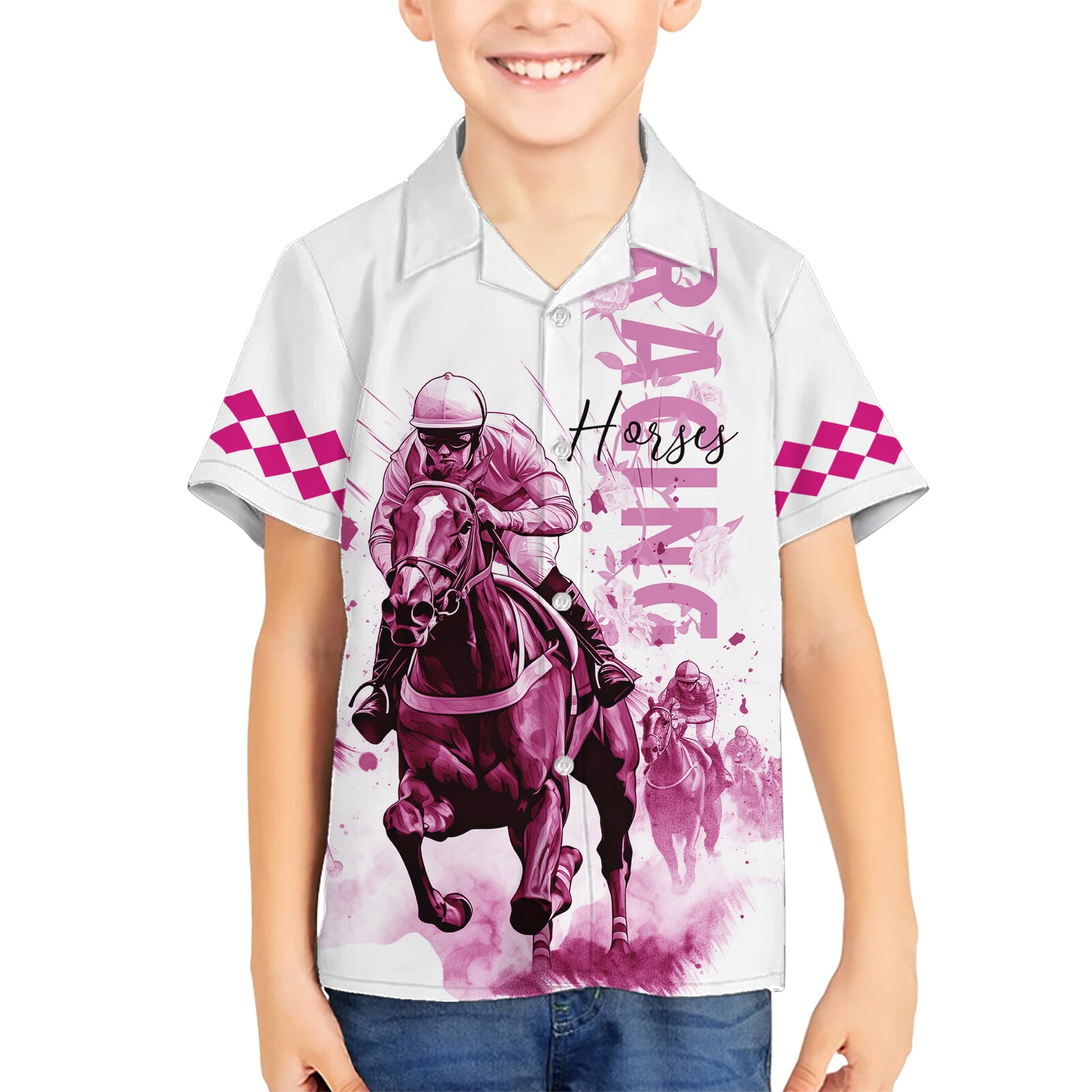 Kentucky Horses Racing Kid Hawaiian Shirt Jockey Drawing Style Pink Out Color - Wonder Print Shop